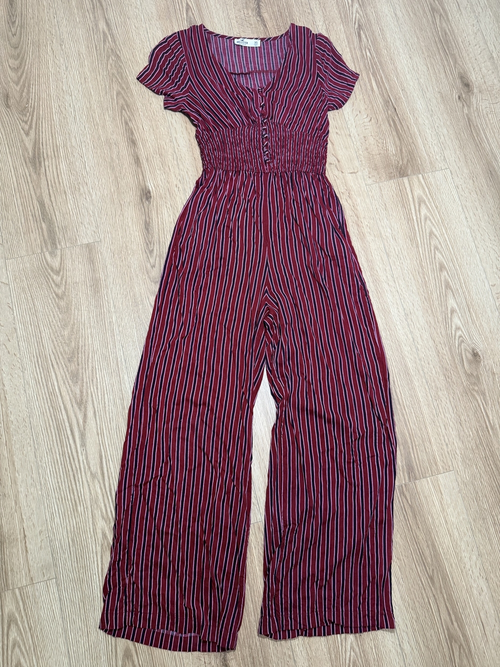 Hollister Burgundy and Black Striped Smocked-Waist Jumpsuit Size XS